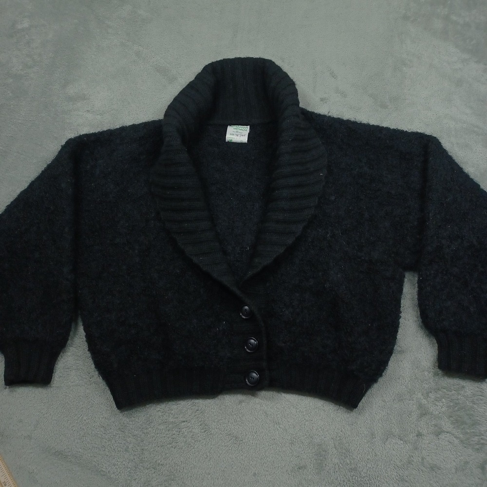 Vintage 70s Cardigan Mens‎ 38 40 Black Astrakhan Knitwear Wool Shawl Button